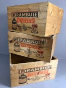 Three vintage Drambuie wooden crates, each approx 47cm x 35cm x 25cm tall