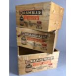 Three vintage Drambuie wooden crates, each approx 47cm x 35cm x 25cm tall