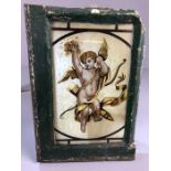 Section of a metal window containing a stained glass panel depicting a winged Cherub, approx 26cm