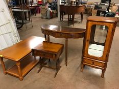 Serpentine fronted modern console table on reeded legs, a drop leaf side table, glass display