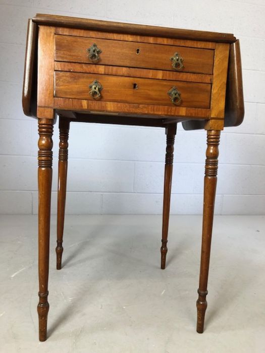 Victorian drop leaf side table on tapering turned legs, two drawers and two faux drawers, approx - Image 2 of 5