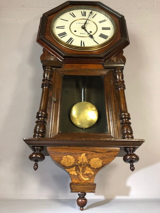 8 day spring-driven American wall clock by Waterbury Clock Co, English walnut case with floral inlay - Image 2 of 7