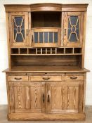 Pine Kitchen dresser with drawers cupboards and sliding bread boards under and three glazed