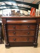 Large antique chest of four drawers with barley twist columns, on bun feet, approx 116cm x 55cm x