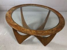 G-Plan Astro teak and glass topped circular coffee table, approx 84cm in diameter ( A/F)