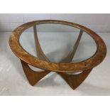 G-Plan Astro teak and glass topped circular coffee table, approx 84cm in diameter ( A/F)