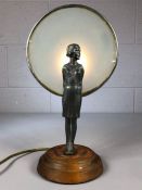 Art Deco figurine of a young lady with translucent glass and lamp behind, Art deco lamp approx