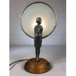 Art Deco figurine of a young lady with translucent glass and lamp behind, Art deco lamp approx