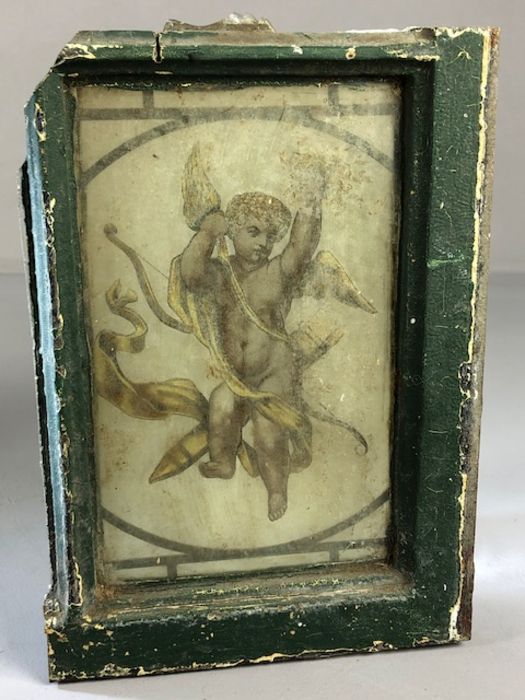 Section of a metal window containing a stained glass panel depicting a winged Cherub, approx 26cm - Image 4 of 11