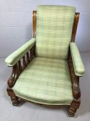 Large Grandfather Victorian wooden framed chair with green Tartan upholstery