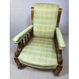 Large Grandfather Victorian wooden framed chair with green Tartan upholstery