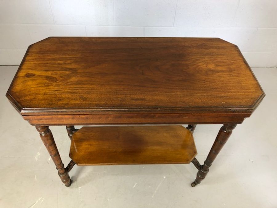 Two tier card table with green baize on turned legs with original castors, approx 87cm x 43cm x 73cm - Image 2 of 5