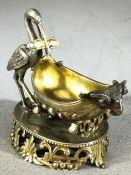 Antique Silver Gilt Stork and Baby salt with Rams head finial on pierced silver Gilt base with