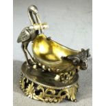 Antique Silver Gilt Stork and Baby salt with Rams head finial on pierced silver Gilt base with