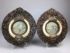19th Century carved wood and Boars Tusks Indian picture frames each with silver palque (reads "