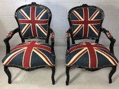 Pair of modern Louis-style armchairs upholstered in Union Jack fabric. Height at back approx 89cm
