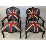 Pair of modern Louis-style armchairs upholstered in Union Jack fabric. Height at back approx 89cm