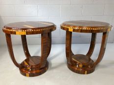 Pair of Art Deco style highly polished circular occasional / side tables, each approx 60cm x 60cm