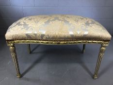 Oblong footstool with painted fluted legs and upholstered damask cushion, approx 88cm x 58cm x