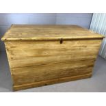 Large antique pine blanket box, approx 125cm x 76cm x 75cm tall