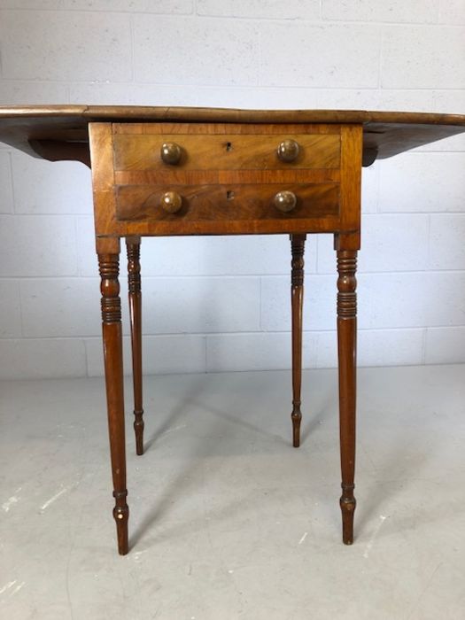 Victorian drop leaf side table on tapering turned legs, two drawers and two faux drawers, approx - Image 4 of 5