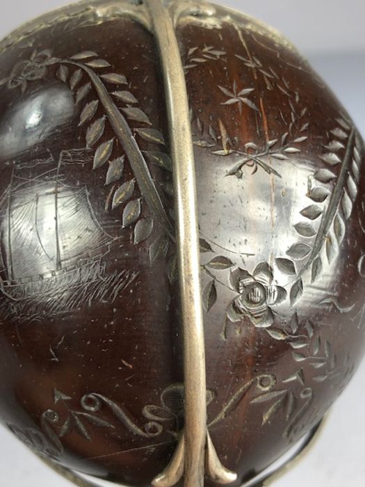 Scrimshaw Silver mounted coconut with silver Lining and lid on tripod Ostrich feet and dated 1815 - Image 8 of 13