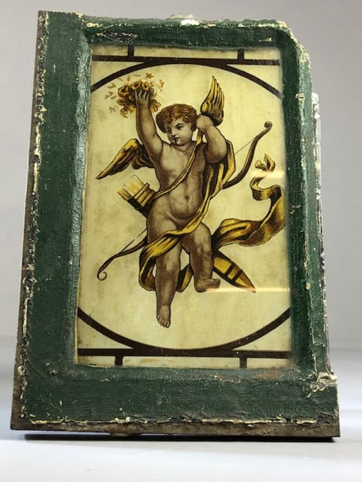 Section of a metal window containing a stained glass panel depicting a winged Cherub, approx 26cm - Image 8 of 11