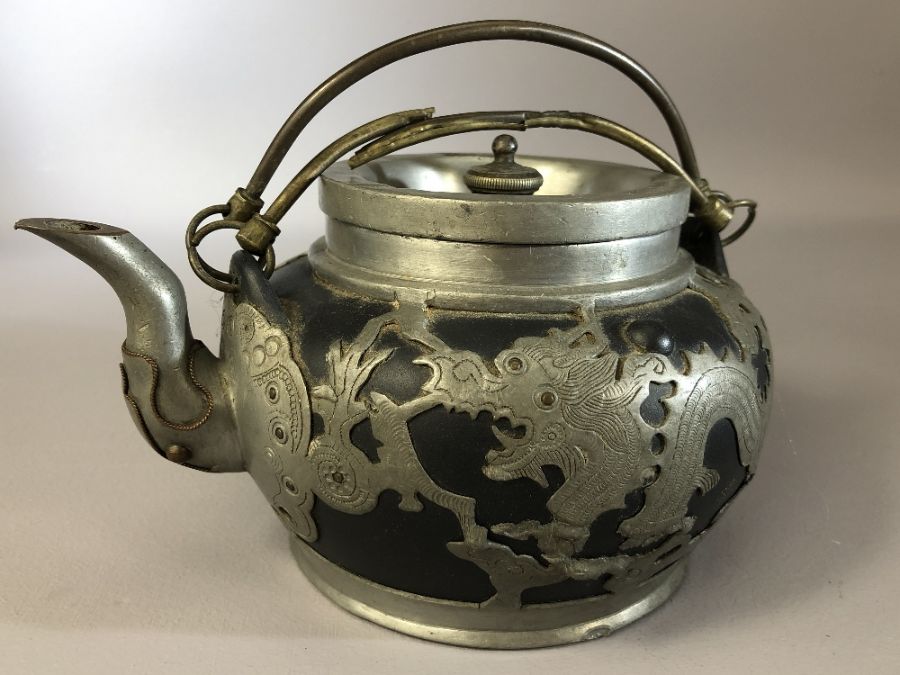 Chinese pewter and pottery part tea set by Hsin Ho Cheng, tallest approx 10.5cm (one teapot handle - Image 2 of 8