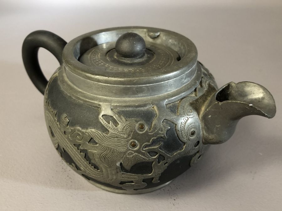 Chinese pewter and pottery part tea set by Hsin Ho Cheng, tallest approx 10.5cm (one teapot handle - Image 5 of 8