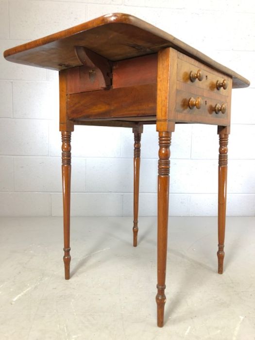 Victorian drop leaf side table on tapering turned legs, two drawers and two faux drawers, approx - Image 5 of 5