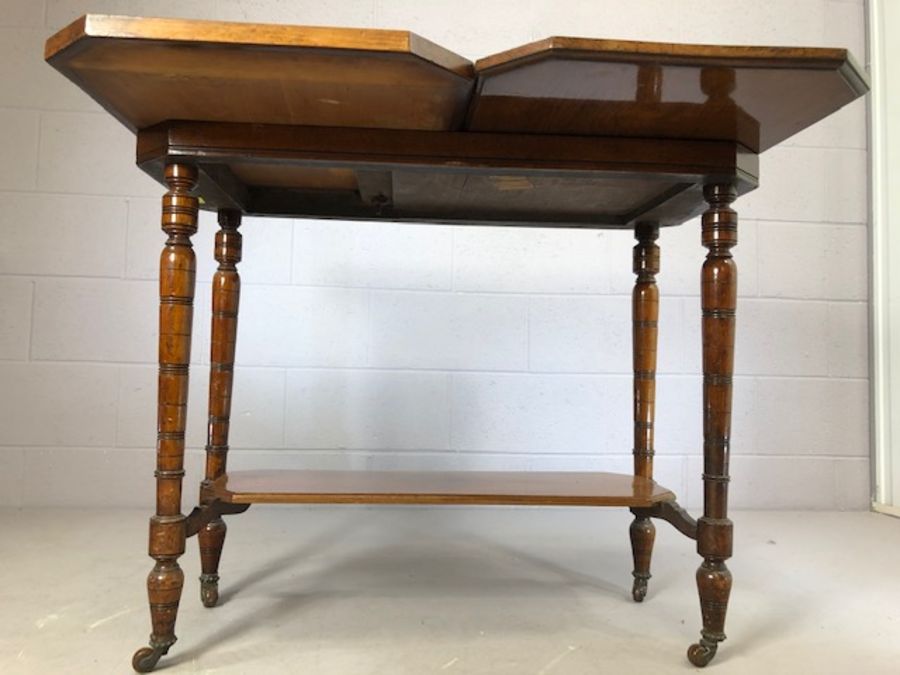 Two tier card table with green baize on turned legs with original castors, approx 87cm x 43cm x 73cm - Image 4 of 5