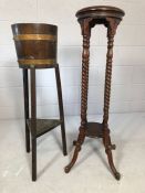 Mahogany plant stand and an oak plant stand with makers mark R A Lister