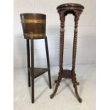 Mahogany plant stand and an oak plant stand with makers mark R A Lister