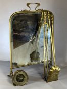 Brass firescreen with glass starburst design, Holosteric Barometer and fireside set