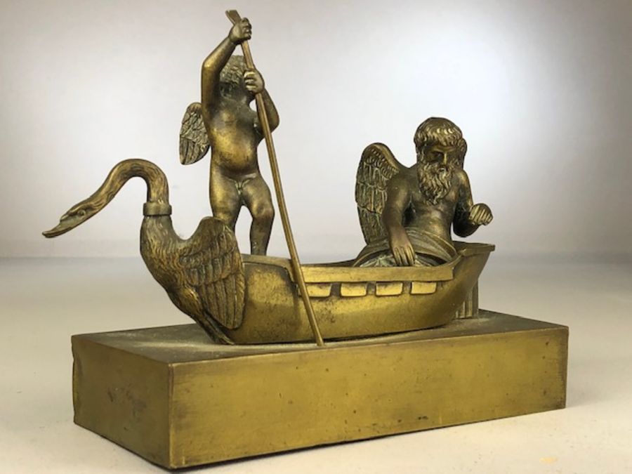 Brass sculpture of an old man with wings (possibly Father Time) being skippered by a Cherub in a - Image 2 of 7