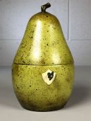 Pear shaped Tea caddy with metal liner, working key and brass hinges approx 18cm tall