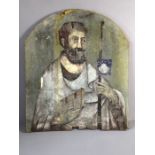 Painting on board of a religious figure, possibly Jesus Christ, holding a staff and a holy book,