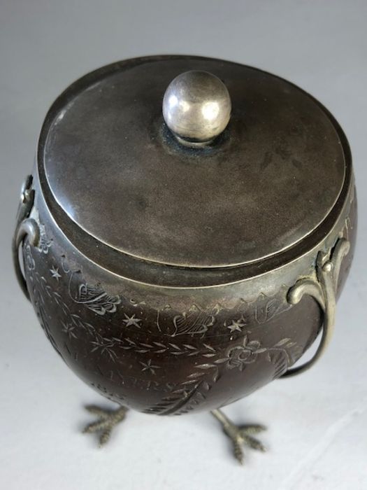 Scrimshaw Silver mounted coconut with silver Lining and lid on tripod Ostrich feet and dated 1815 - Image 10 of 13