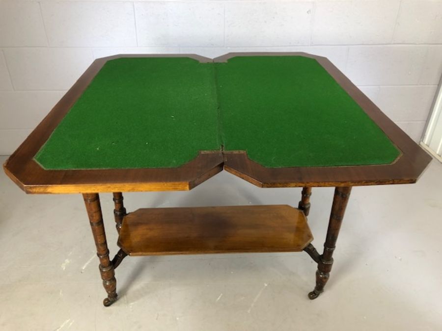 Two tier card table with green baize on turned legs with original castors, approx 87cm x 43cm x 73cm - Image 3 of 5