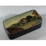 19th century papier mache rectangular snuff box, the hinged cover painted with Pheasants entitled "