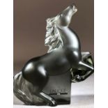 Lalique frosted rearing horse, etched Lalique/France mark, on a clear plinth base, approx 14cm tall