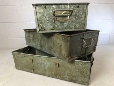 Three vintage galvanised metal stackable trays, each approx 60cm x 30cm x 16cm