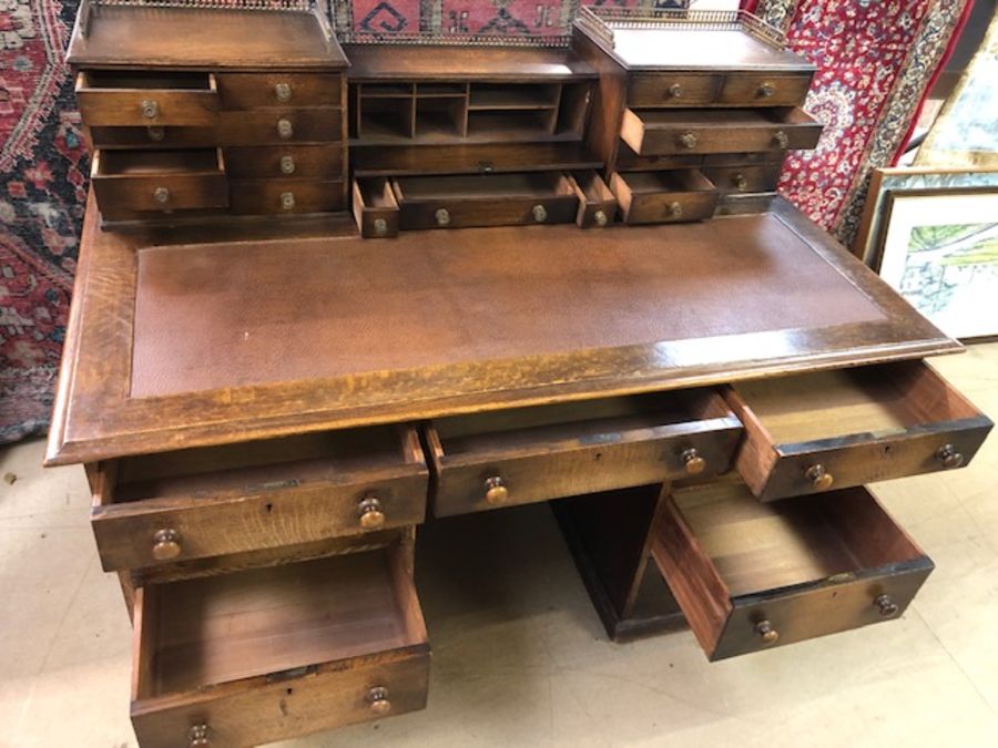 Leather-topped twin pedestal Victorian writing desk with upstand containing numerous smaller drawers - Image 4 of 5