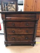 Large antique chest of four drawers with barley twist columns, on bun feet, approx 117cm x 49cm x