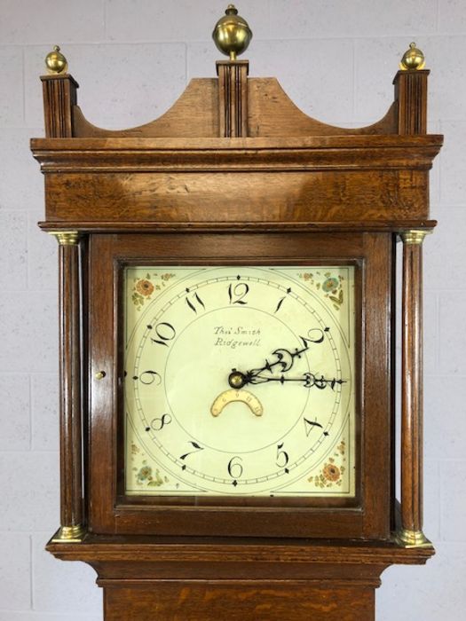 Oak longcase clock by Thomas Smith of Ridgewell, circa 1870, with birdcage type movement, rope- - Image 3 of 9