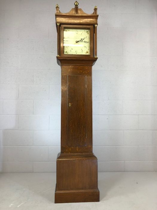 Oak longcase clock by Thomas Smith of Ridgewell, circa 1870, with birdcage type movement, rope- - Image 2 of 9