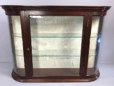 Wall mounted display cabinet with glass shelves, approx 87cm x 22cm x 61cm tall, with key