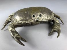 Large silver plated Crab caviar server with hinged lid revealing Glass liner and black stone eyes