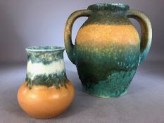 Two Ruskin vases with matt crystalline glaze, date stamped 1933, one with twin handles approx 21.5cm
