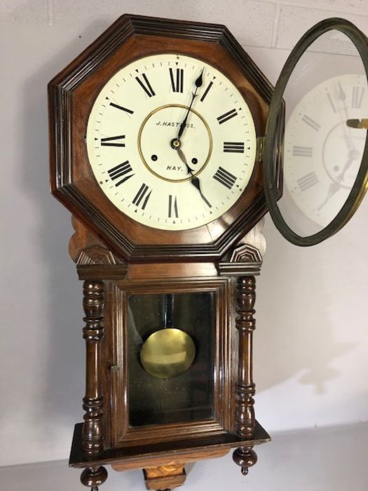 8 day spring-driven American wall clock by Waterbury Clock Co, English walnut case with floral inlay - Image 4 of 7